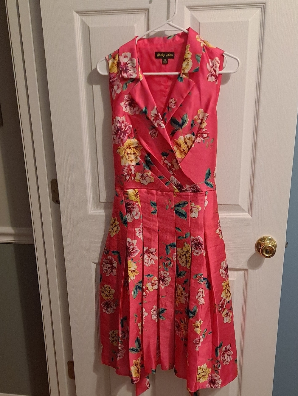 Shelby Nites Floral Pink Yellow Sleeveless Pleated Midi Dress